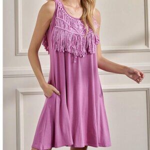 Jade by Jane Lavender Macrame Fringe Dress Small Boho Hippie